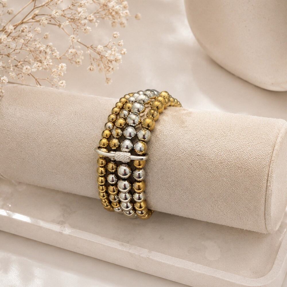 Stainless steel Bracelet Set Two-Tone Beaded Stretch Gold Silver 7in gift